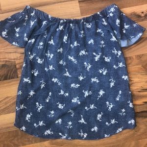 off the shoulder floral design shirt